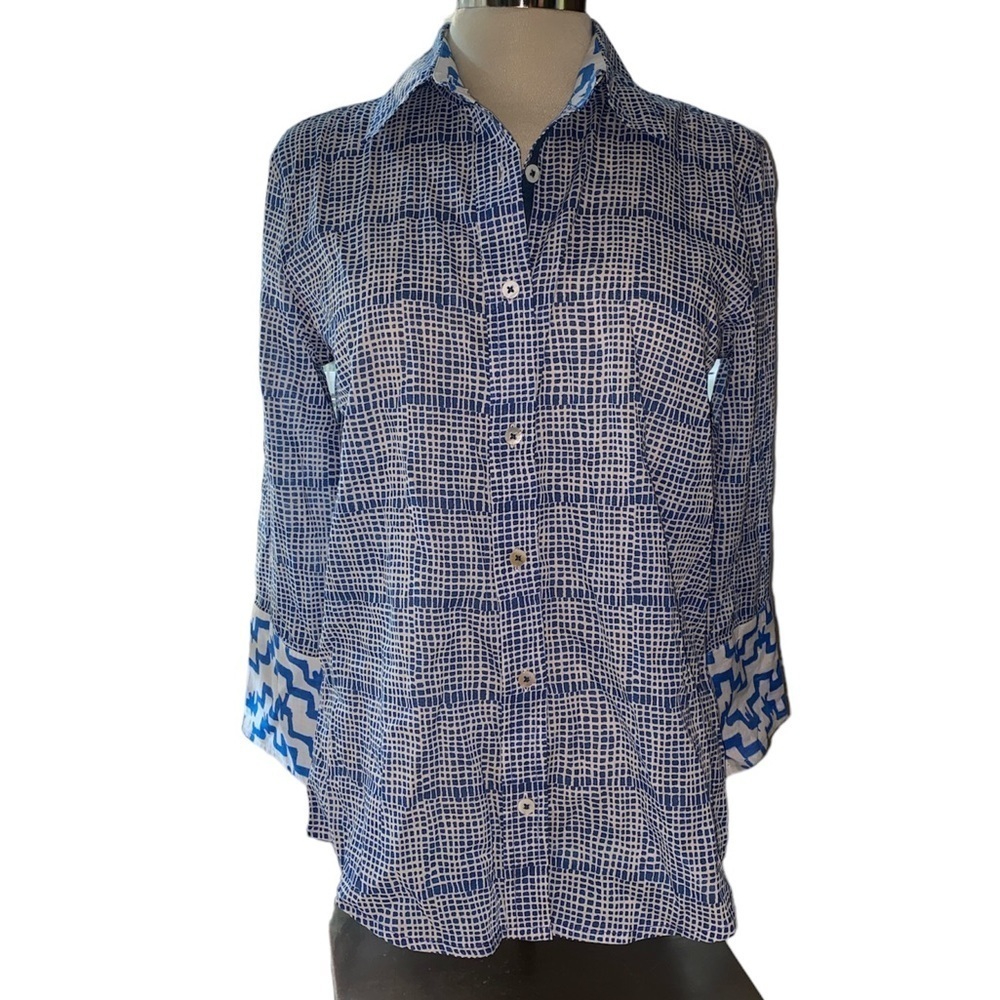 Tizzie button down blouse 3/4 sleeve Rome style navy tattersall size small NWT